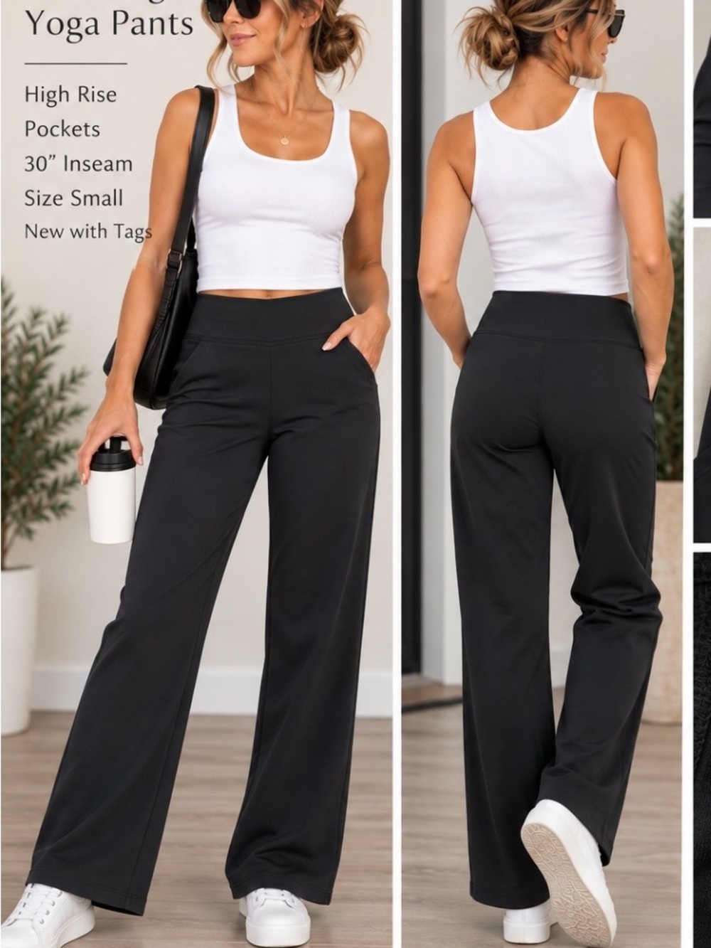 NWT PROMOVER Black Wide Leg Yoga Pants High Rise Pockets Size S 30”